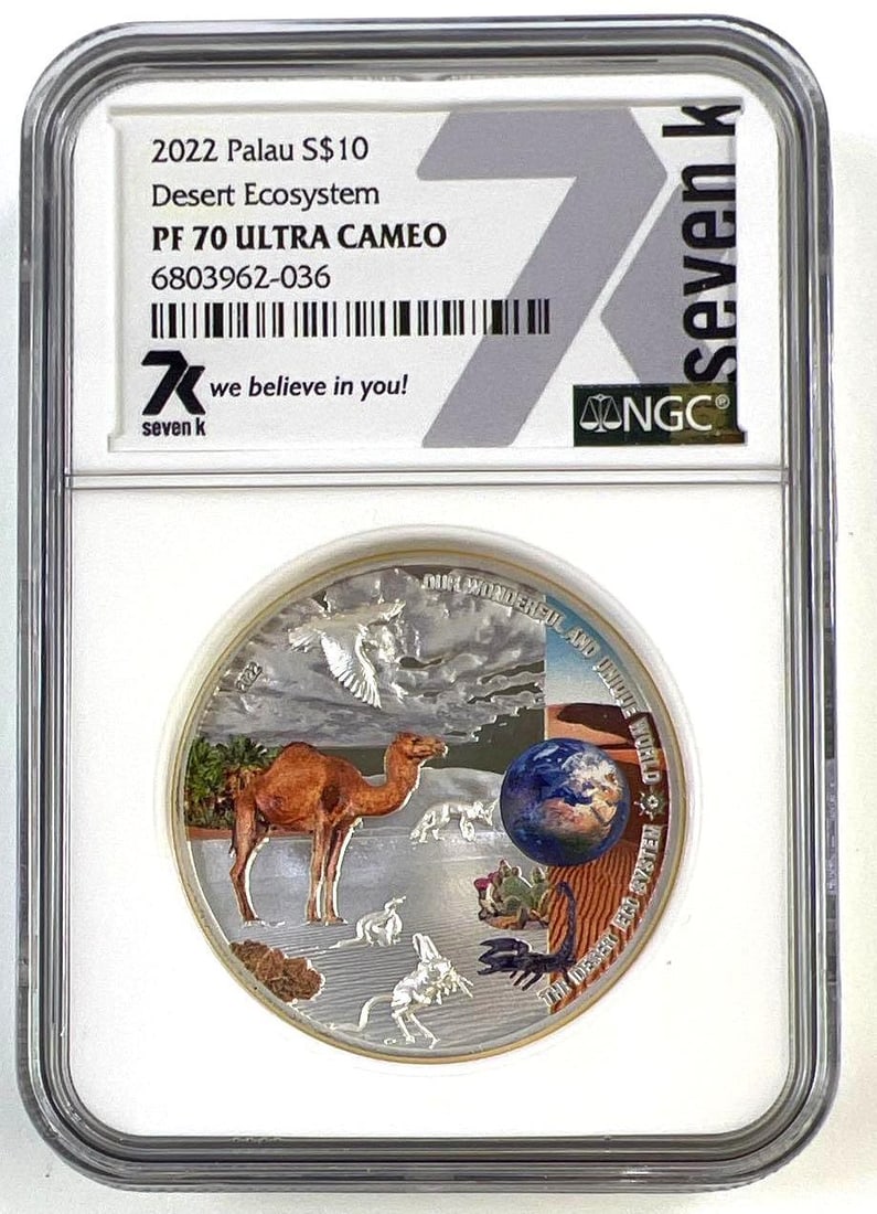 2022 Palau Desert Ecosystem 2 oz .999 Fine Silver PF70 Ultra Cameo: 2022 Palau 0 Desert Ecosystem coin graded PF70 Ultra Cameo by NGC. This impressive release from the Our Wonderful & Unique World series celebrates one of Earths most resilient environments, showca
