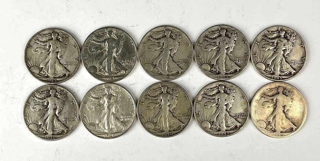Group of 10 Walking Liberty 90% Silver Half Dollars (1 of 2)