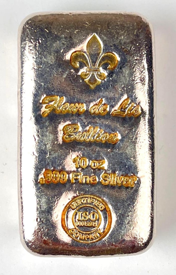 Fleur de Lis 10 oz .999 Fine Silver Hand Poured Ingot/ Bar: Fleur de Lis 10 oz .999 Fine Silver Hand Poured Ingot/ Bar