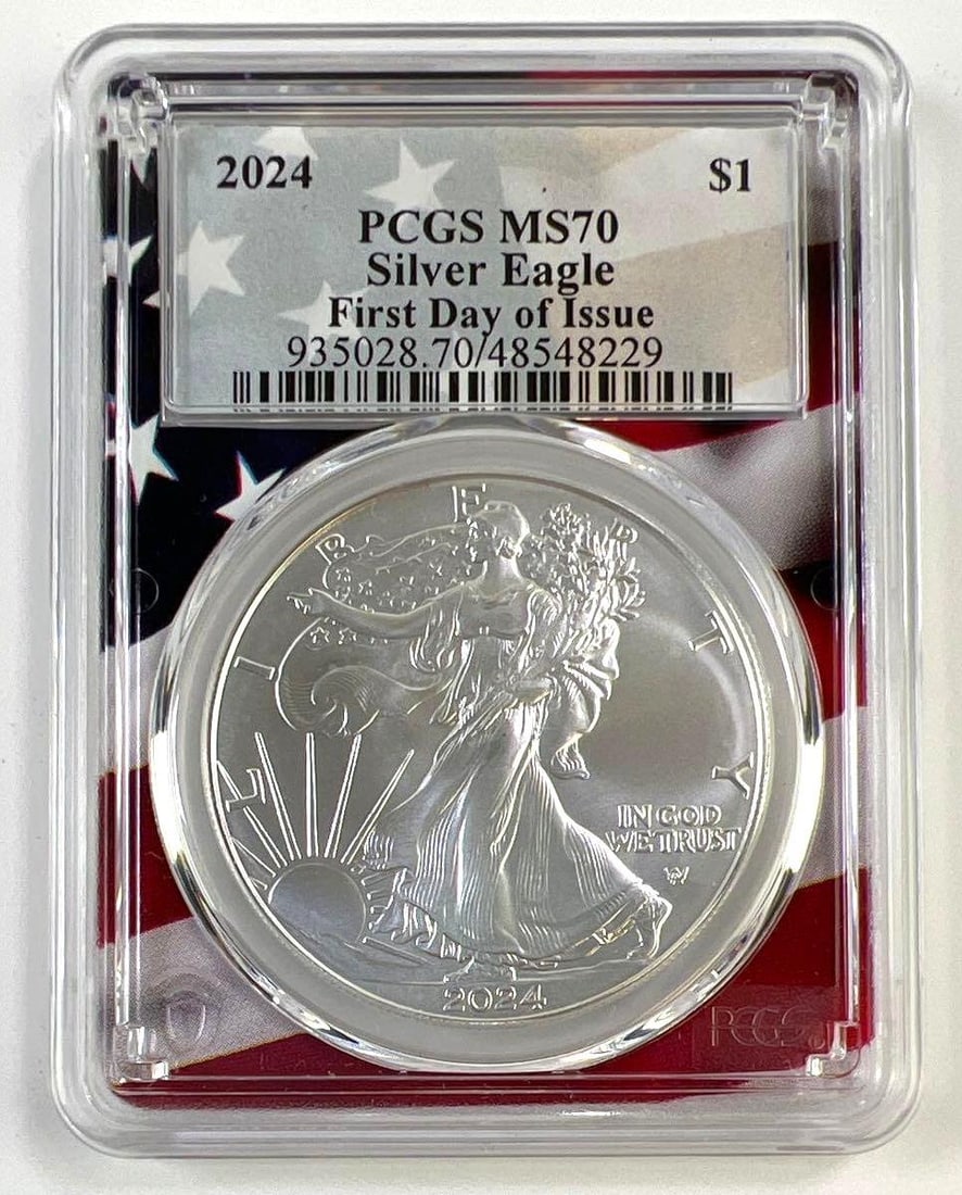 2024 American Silver Eagle First Day of Issue PCGS MS70 1 oz .999 Fine Silver Flag Label (1 of 2)