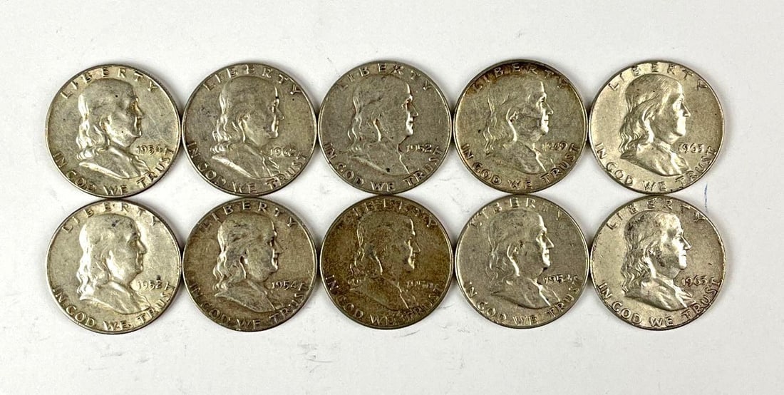 Group of 10 US Franklin 90 % Silver Half Dollars (1 of 1)