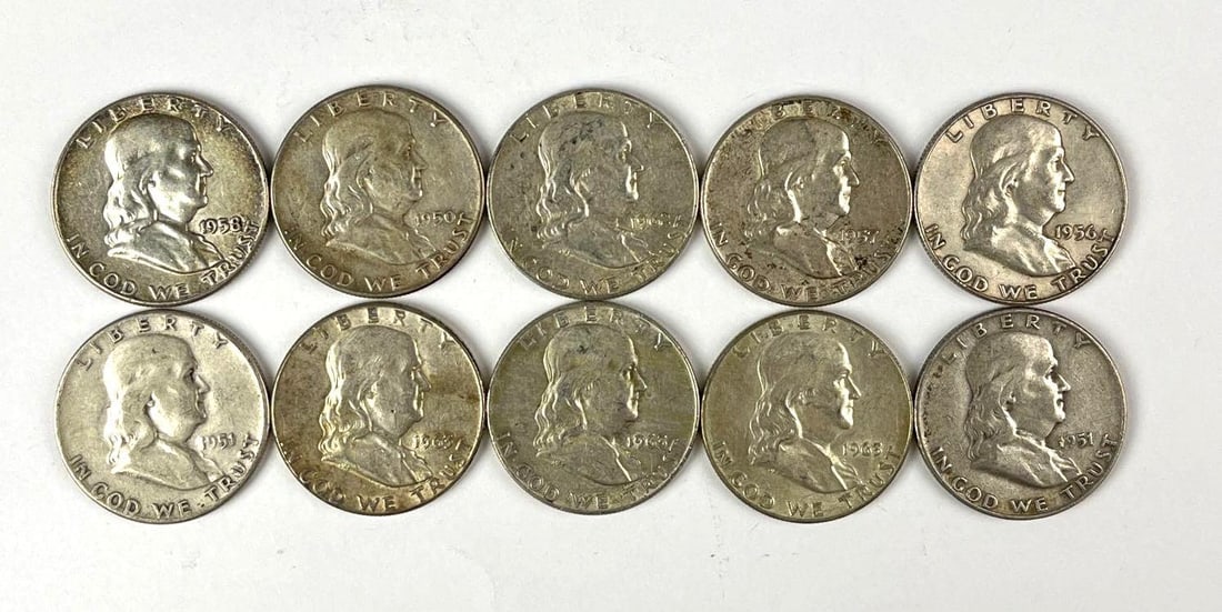 Group of 10 US Franklin 90 % Silver Half Dollars: Includes years 1959, 1958, 1963 and more.