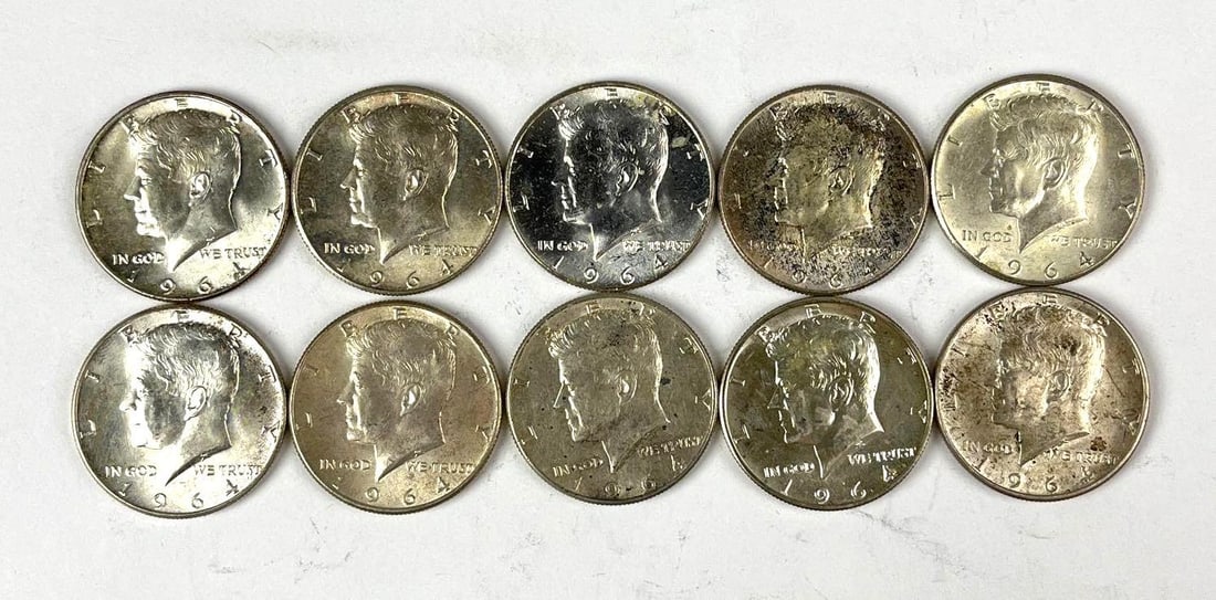 Group of 10 1964 US Kennedy 90 % Silver Half Dollars (1 of 1)