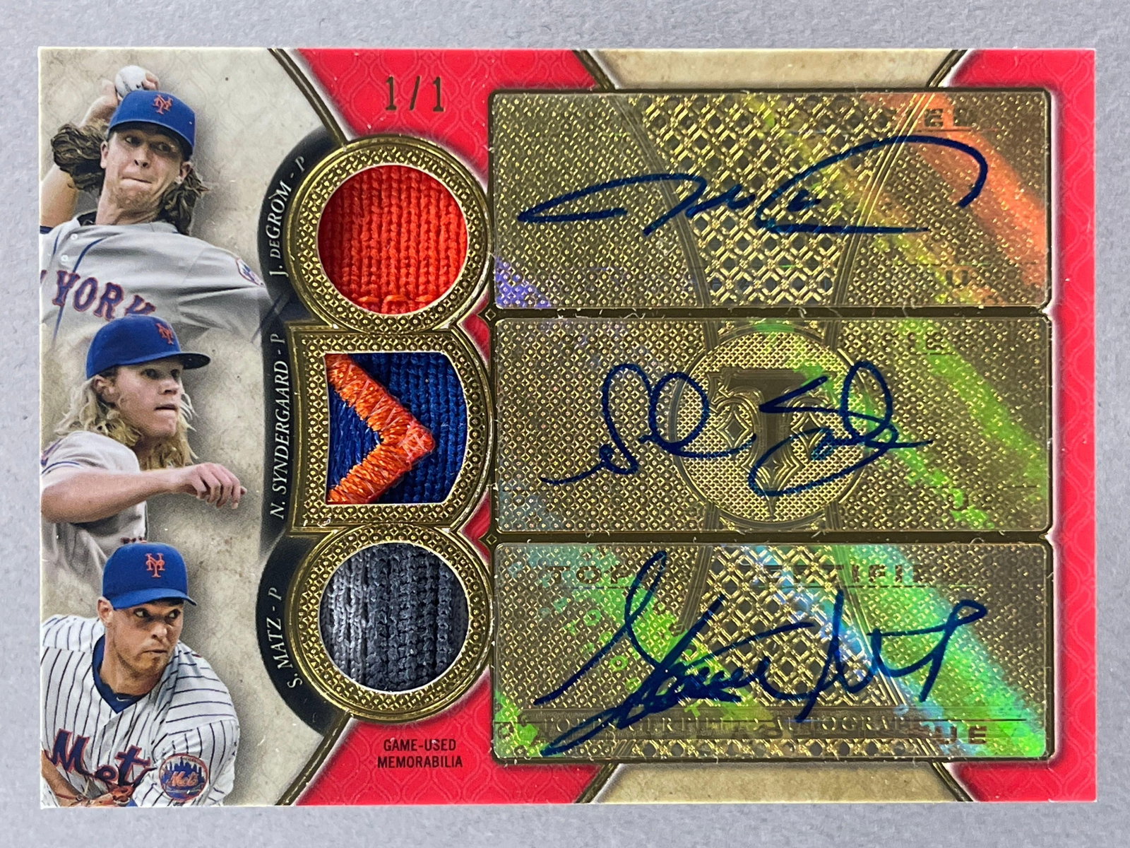 2017 Topps Triple Threads Auto Relic New York Mets DeGrom, Syndergaard, Matz 1/1: Here is a great 1/1 from 2017 New York Mets Pitchers DeGrom, Synergaard, and Matz 1/1, Ready to Grade