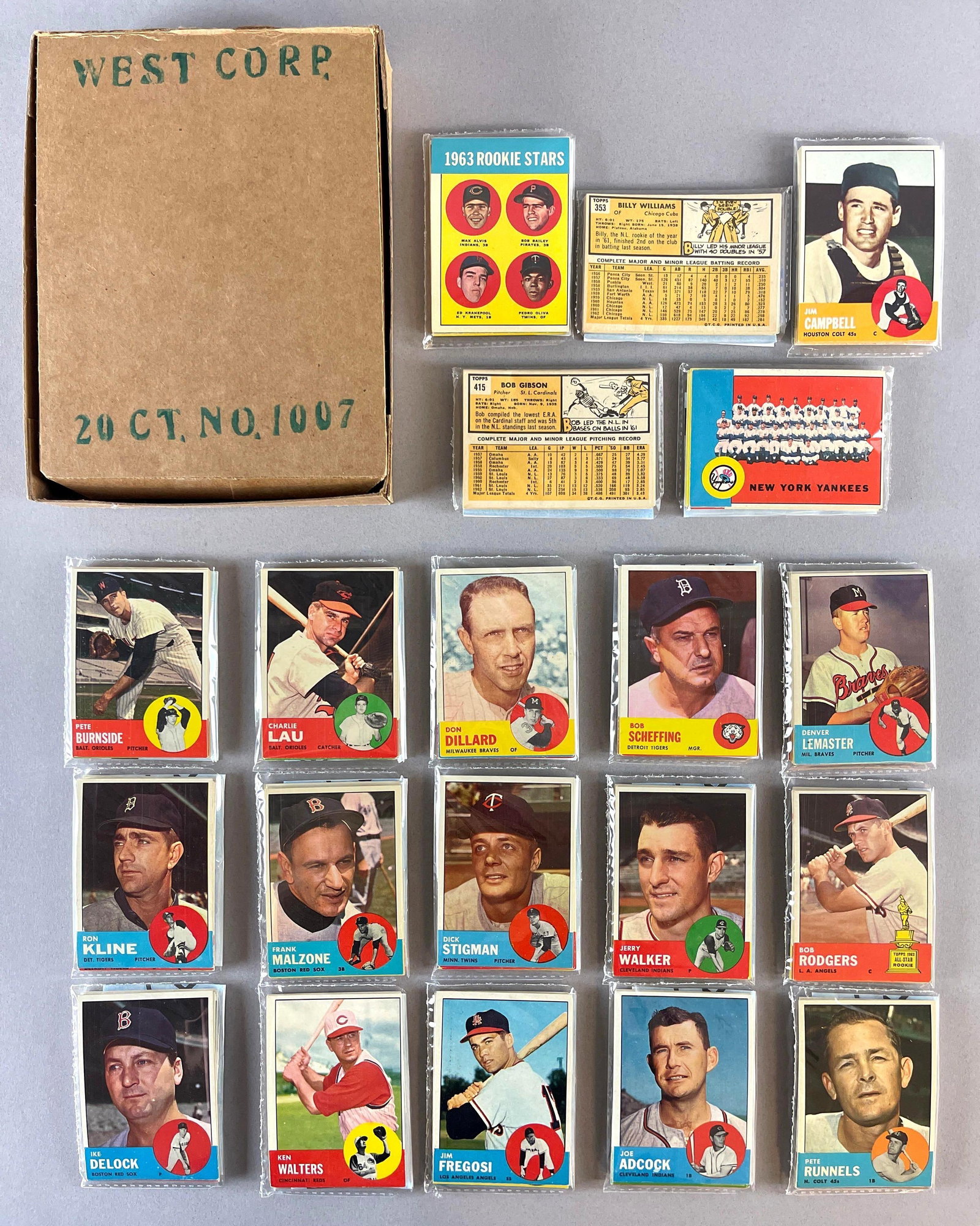 1963 Topps Baseball West Corps Cello Fun Pack Complete Vending Box of 20 with Stars Showing (1 of 5)