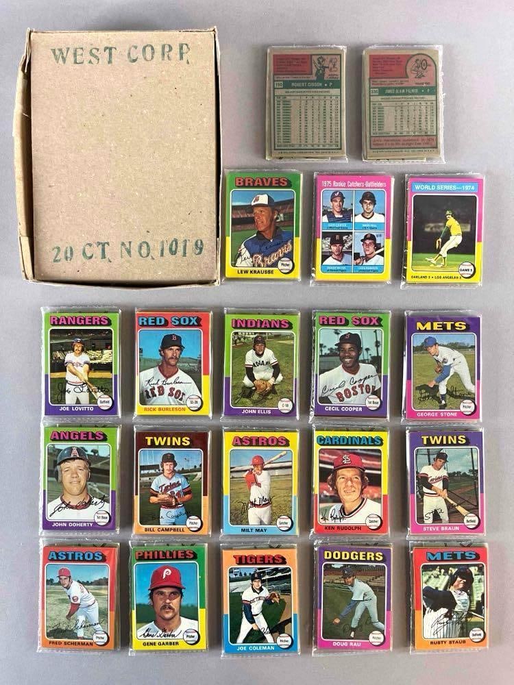 1975 Topps Baseball West Corps Cello Fun Pack Complete Vending Box of 20 with Stars Showing: Includes Gary Carter Rookie, Bob Gibson, Jim Palmer, and Rollie Finger WS, 10 - Cards per pack, West Corps was a repacking company in the 1970s
