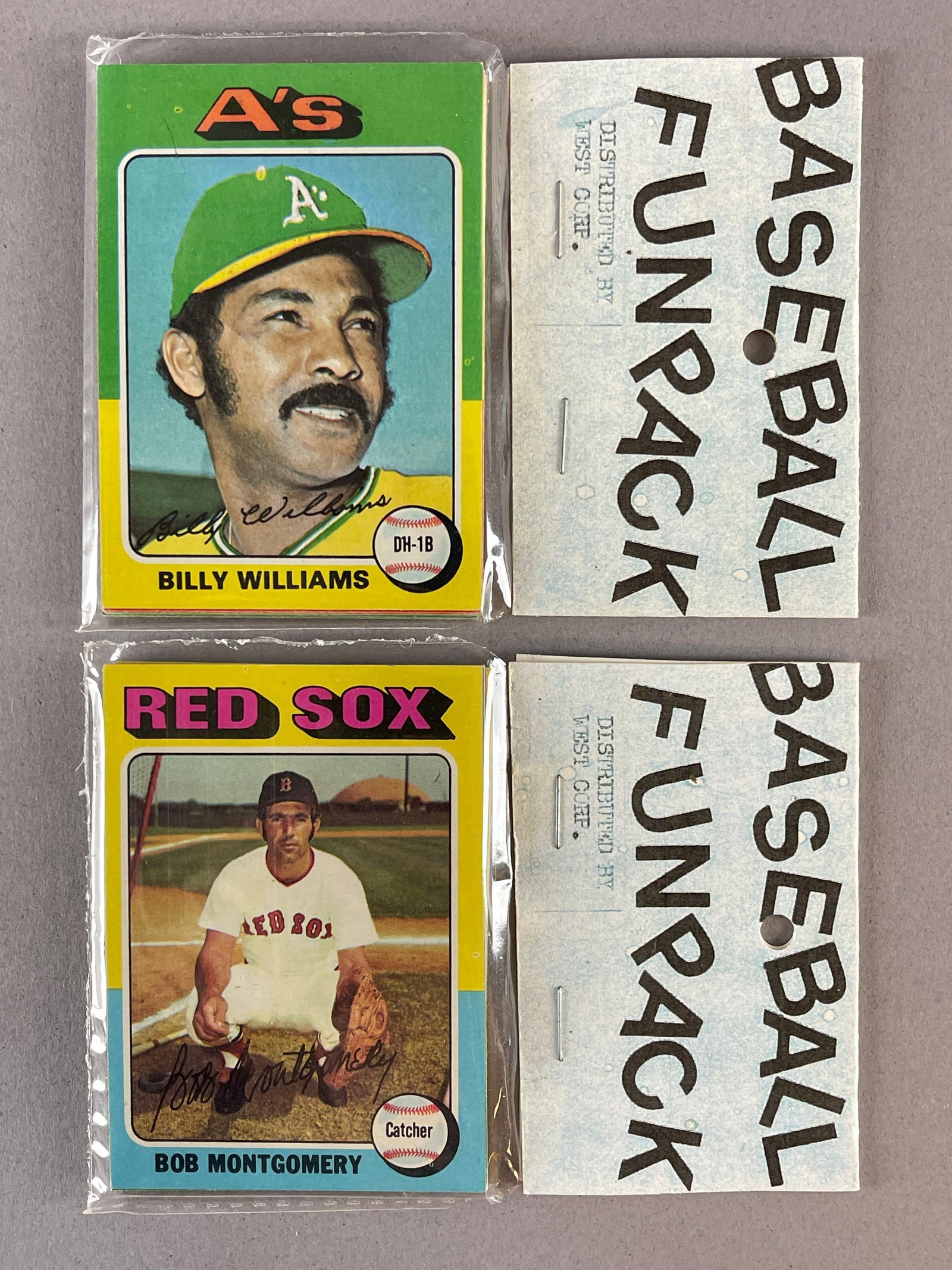 2- 1975 Topps Baseball West Corps Cello Fun Packs with Billy Williams on Top: 10 - Cards per pack, West Corps was a repacking company in the 1970s