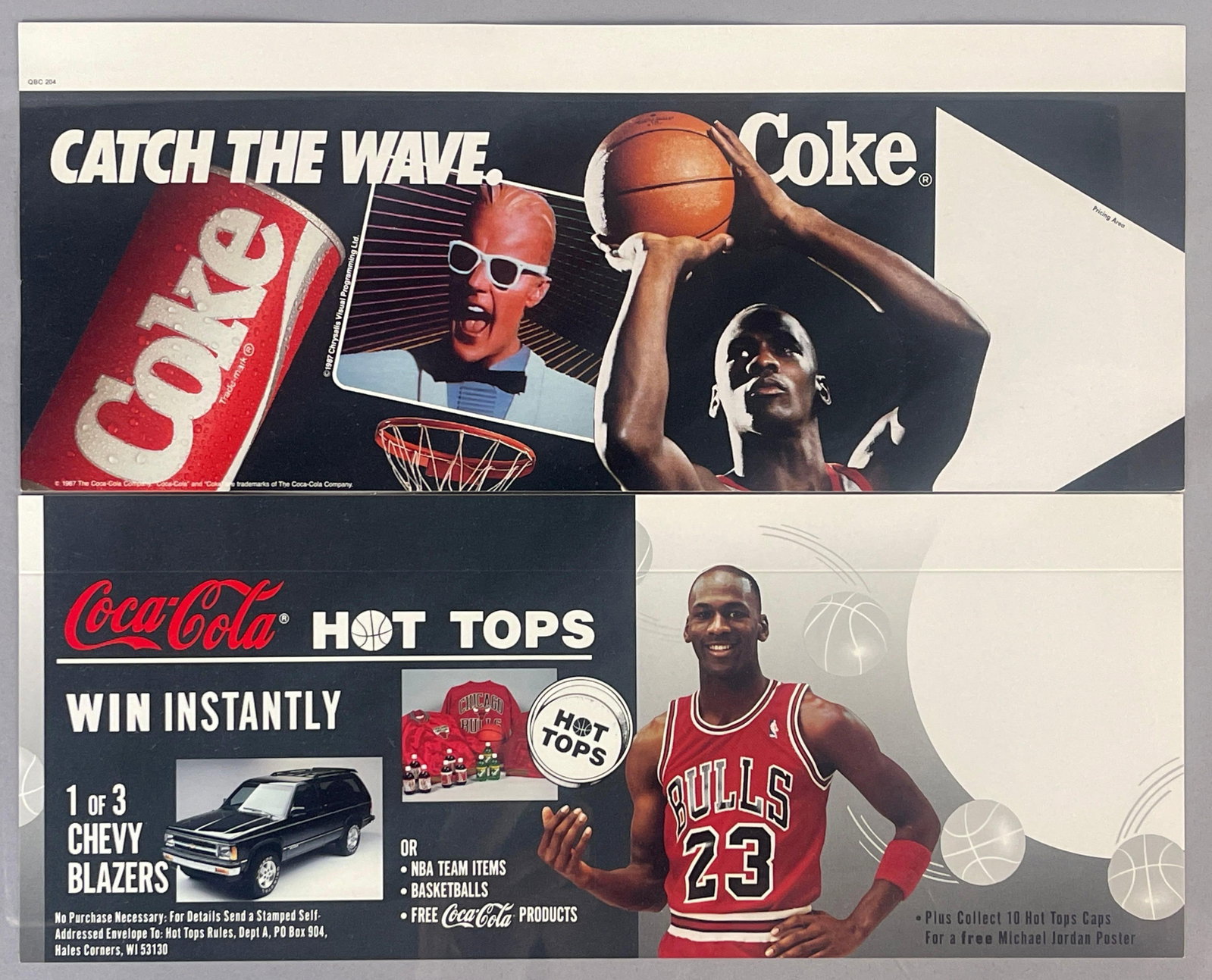 2 - 1980s Michael Jordan Coca Cola Hot Tops Store Advertising Displays: Hot Tops sweepstakes AD an MJ and Max Headroom