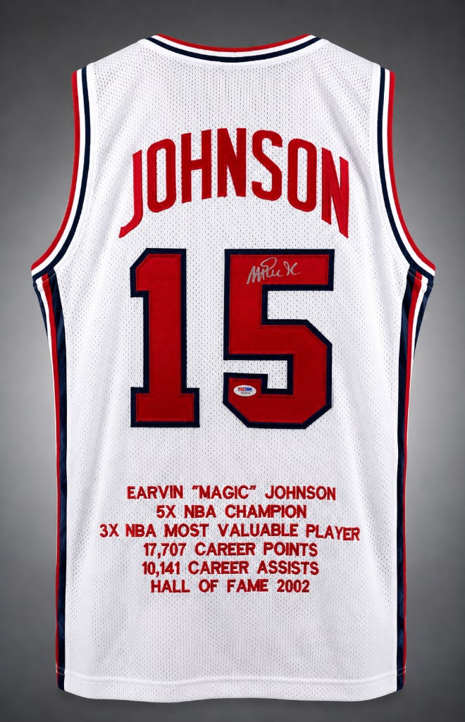 Signed Magic Johnson USA Olympic Stat Jersey with PSA/ DNA COA: Autographed Magic Johnson, with PSA/ DNA COA, Size XL