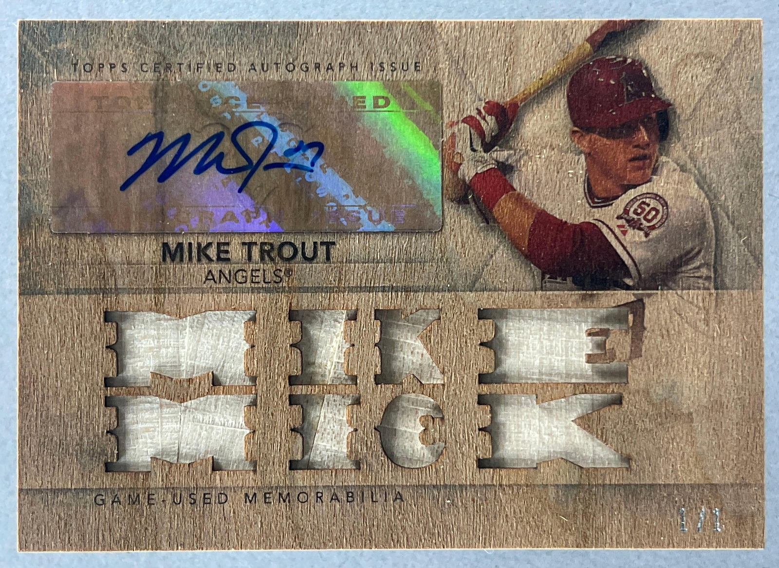 2015 Topps Triple Threads Auto Relic on Wood Mike Trout 1/1: Incredible Mike Trout Auto, Triple Bat Relic on Wood card, Mike Mick 1/1