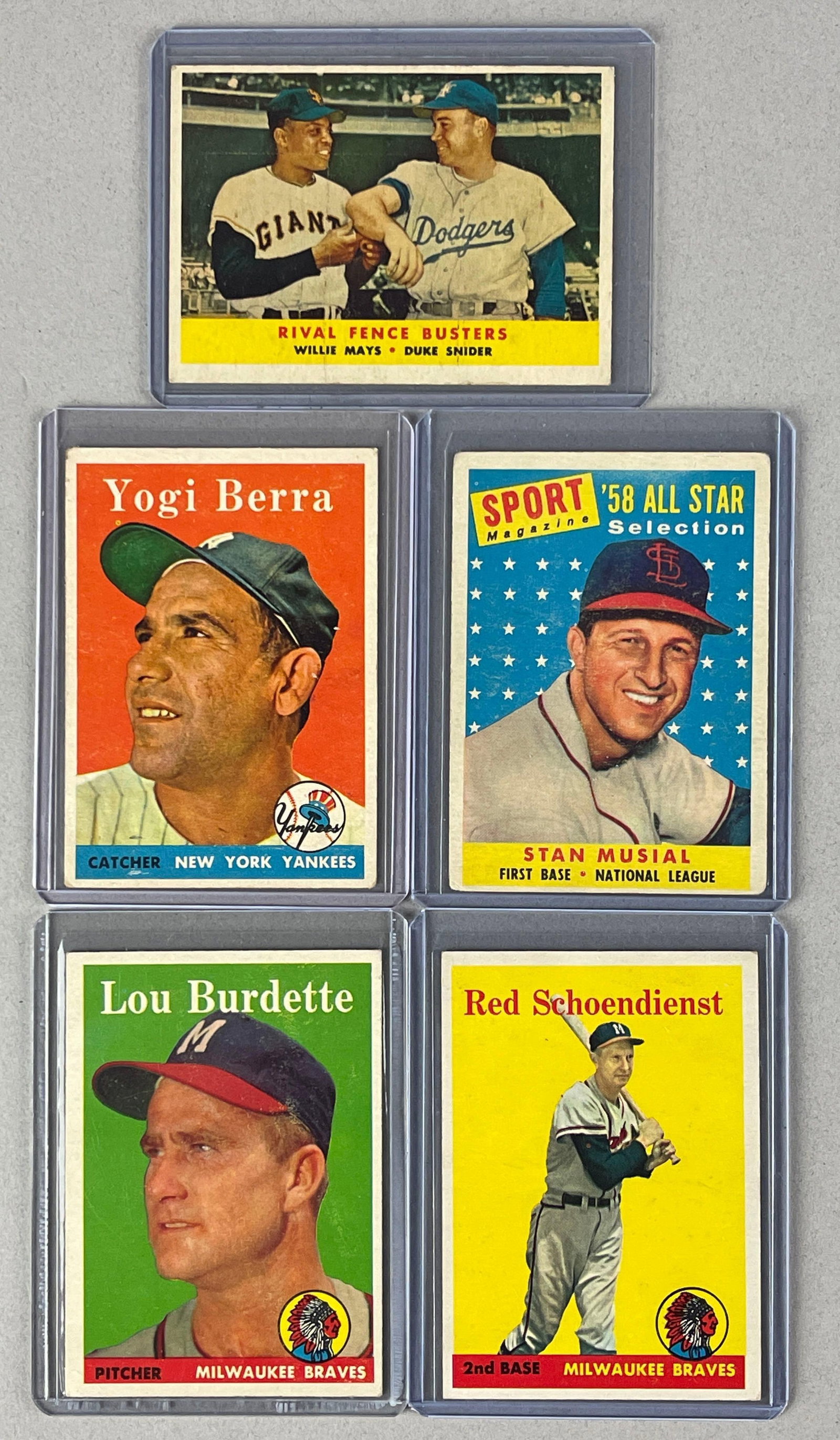 5 - 1958 Topps Baseball HOFs and Stars with Yogi Berra, Mays, and Musial: Condition vary, Low - EX, Includes Yogi Berra #370 and Rival Fence Busters #436 VG, Stan Musial A/S #476 Low, Schoendienst and Burdette EX