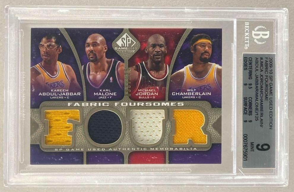 2009 - 10 SP Game Used Edition Fabric Foursome #JMCA BGS 9: 2009 - 10 Sp Game Used Edition Fabric Foursome #JMCA BGS 9, Jordan, Chamberlain/ Abdul-Jabbar/ Malone, 93/125