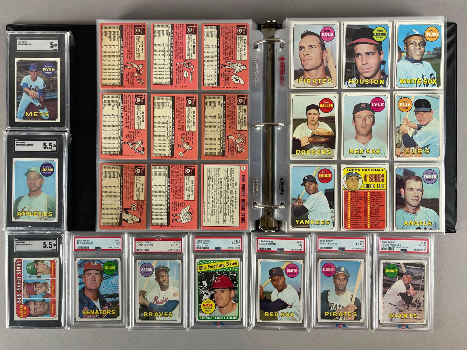 1969 Topps Baseball Complete Set with Some Variations and 9 Graded: Conditions vary, VGEX - NMMT, Nice Looking Set, Others ready to Grade, Clemente #50 PSA 6, Aaron #100 PSA 6, All-Star Pete Rose #424 PSA 6, Smith #660 PSA 7, Yellow McCovey #440 PSA 6, Williams #650 P