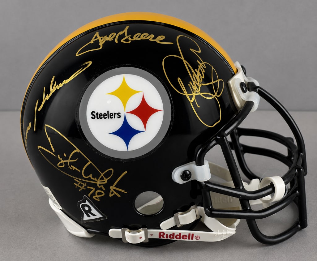 Pittsburgh Steelers Multi-Signed Mini Helmet with JSA COA: Autographed by Steel Curtain Joe Greene, Ernie Holmes, L.C. Greenwood, Dwight White, and Mel Blount, with JSA COA, Case included, 8 x 6 x 5 1/2 Inches