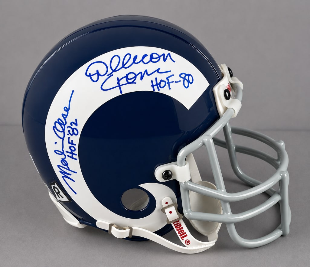 Fearsome Foursome Signed Los Angeles Rams Throwback Mini Helmet with PSA/ DNA COA: Autographed Deacon Jones HOF80, Lamar Lundy, Merlin Olsen HOF82, Rosie Grier, with PSA/ DNA COA, Case included, 8 x 6 x 5 1/2 Inches