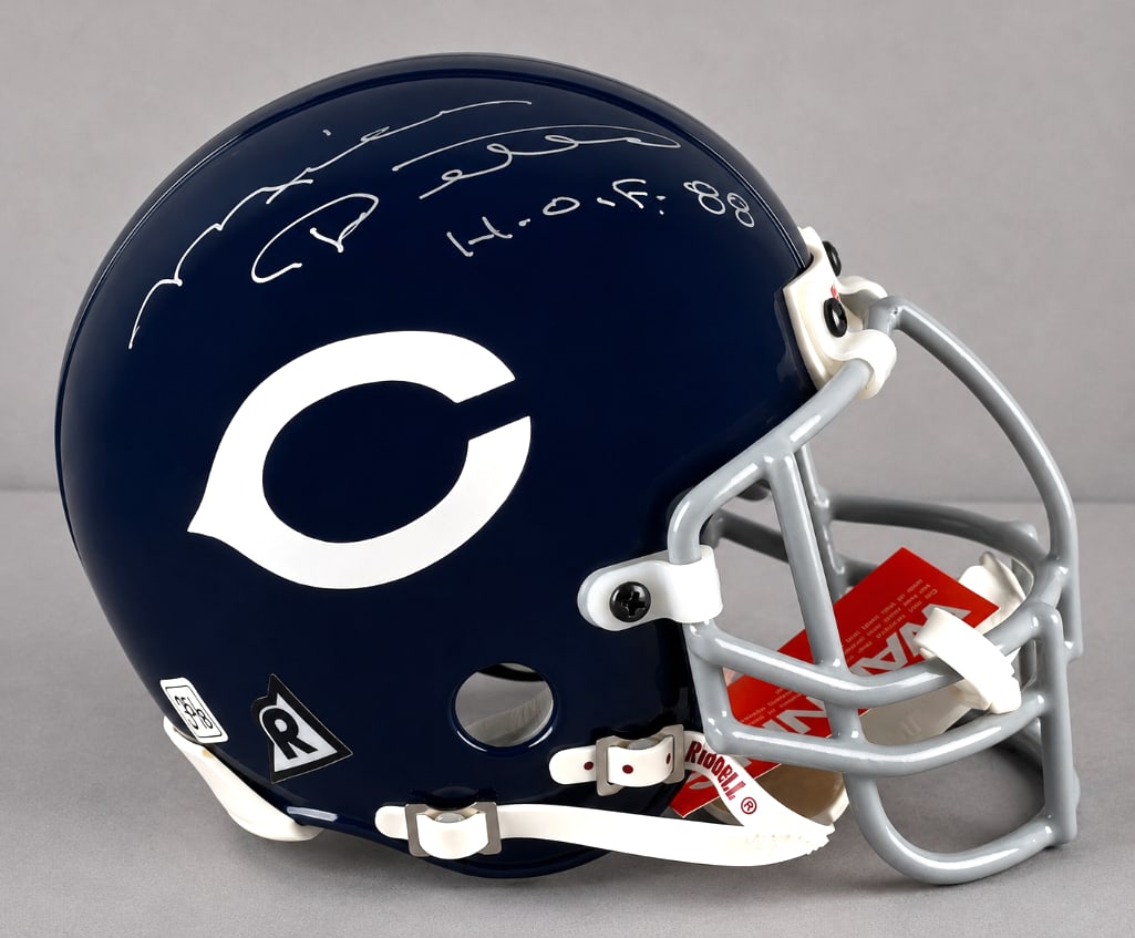 Mike Ditka and Doug Atkins Signed Chicago Bears Throwback Mini Helmet with JSA COA: Autographed Mike Dikta HOF88, Doug Atkins HOF1982, with JSA COA, Case included, 8 x 6 x 5 1/2