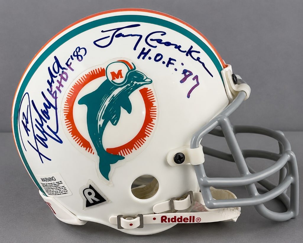 1972 Miami Dolphins Signed Mini Helmet with 4 HOFs and JSA COA: Autographed Paul Warfield #42 HOF 83, Larry Csonka HOF 87, Jim Langer HOF 87, and Larry Little HOF 93, with JSA COA, Case included, 8 x 6 x 5 1/2