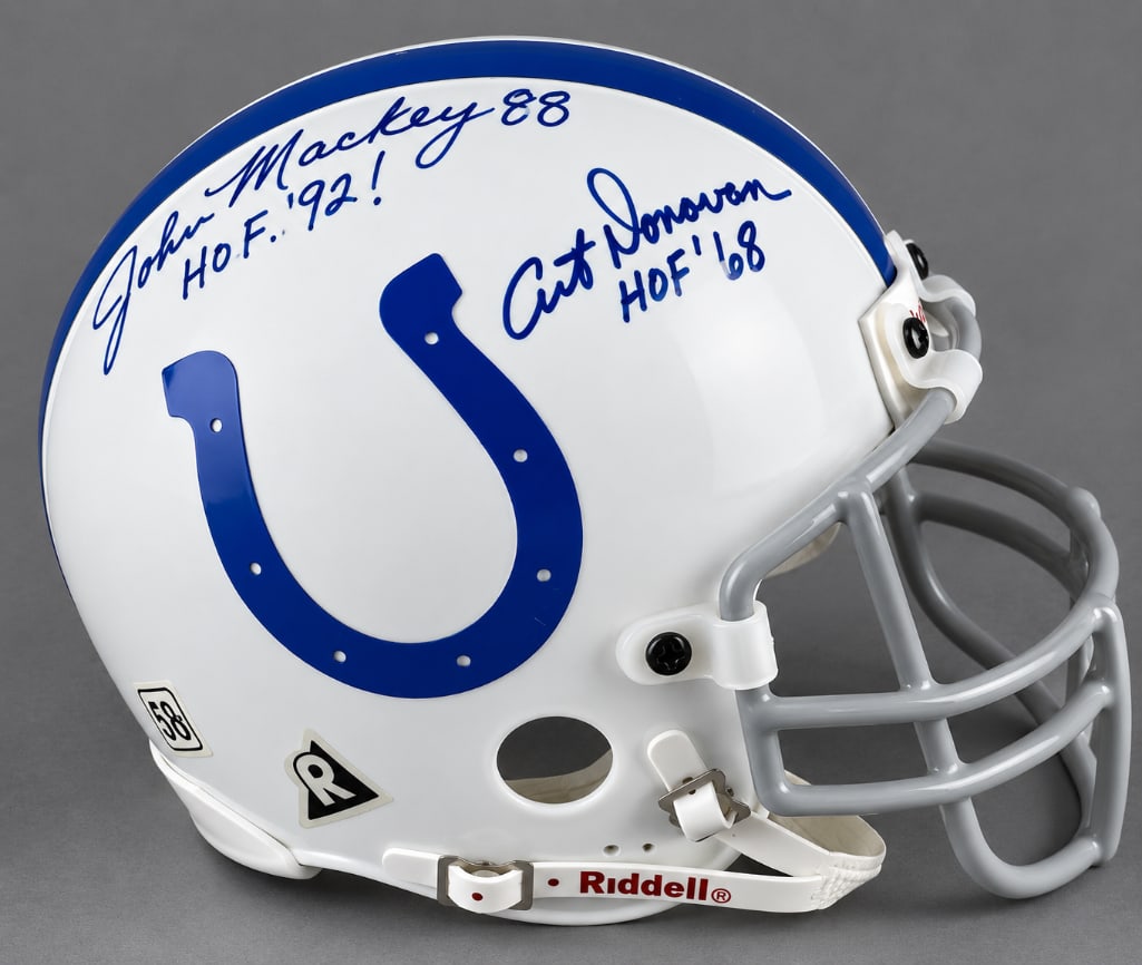 Multi-Signed Baltimore Colts Mini Helmet with JSA COA: 5 HOFs Autographs, Raymond Berry HOF73, Lenny Moore #24 HOF75, Gino Marchetti HOF72, John Mackey #88 HOF92!, and Art Donovan HOF 68, with JSA COA, Case included, 8 x 6 x 5 1/2
