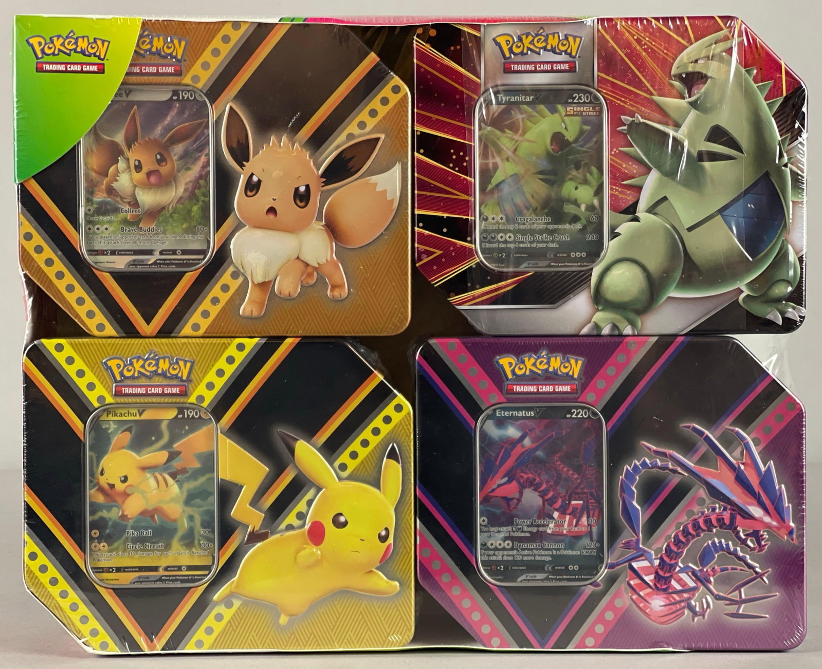2022 Pokemon SWSH, VPower, and VStrikers 4 - Pack Tin Bundle: Costco 4 - Pack Tin Bundle and EternatusV Tins, Each tin contains a foil, Promotional cards, 5 - Booster packs, and a Trading code online game card