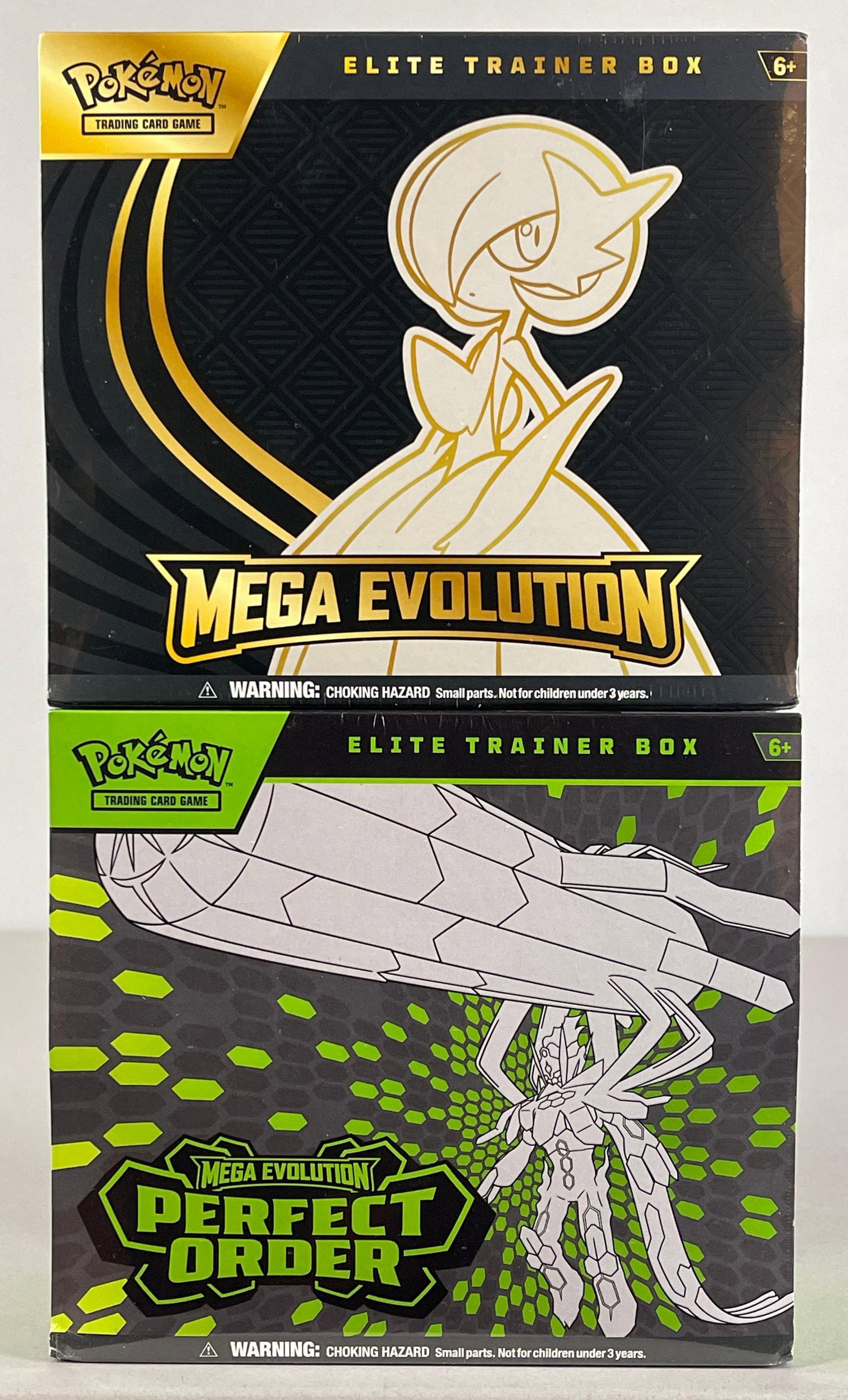 2 - 2025 - 26 Pokemon Mega Evolution and Mega Evolution Perfect Order Sealed Elite Trainer Boxes: Each includes 9 - Boost packs, 1 - Full art foil Promo, 40 - Energy cards, 6 - Damage counter dice, Collector Box, and More
