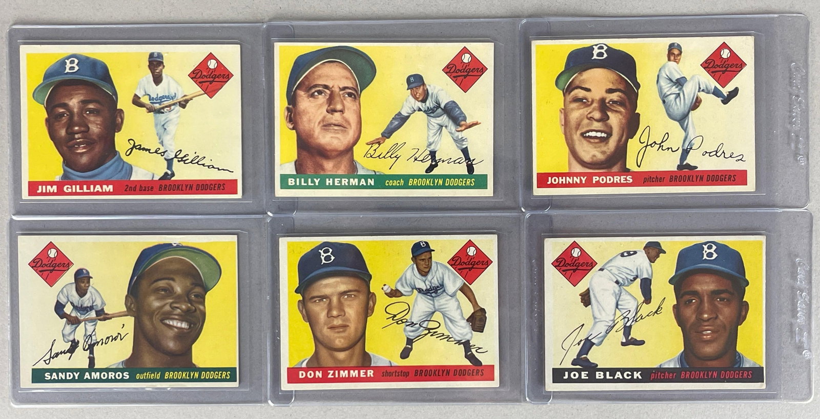 6 - 1955 Topps Brooklyn Dodgers Cards with Rookies: Jim Gilliam #5 EXMT, Billy Herman #19 EX, Johnny Podres #25 VGEX, Sandy Amoros #75 Rookie EX, Don Zimmer #92 Rookie EX, Joe Black #156 VGEX