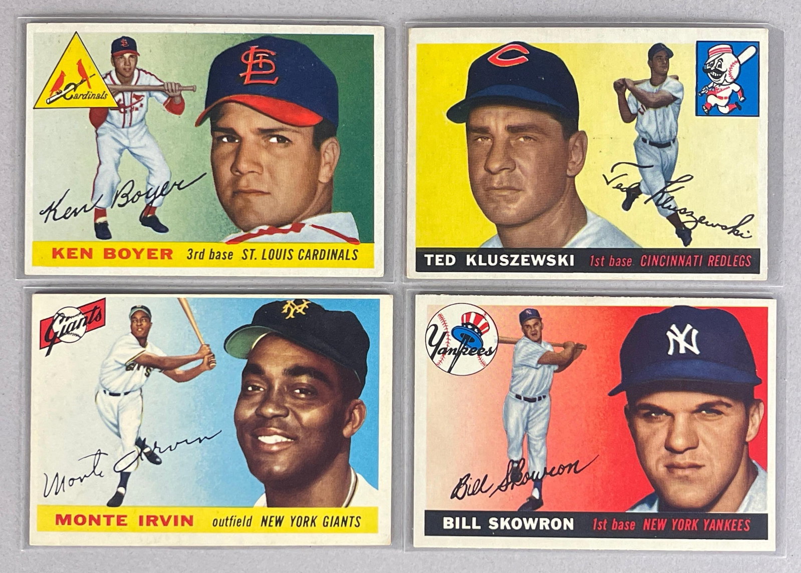 1955 Topps Irvin, Skowron, Kluszewski, and Boyer Cards: Monte Irvin #100 VGEX, Bill Skowron #22 EX - EXMT, Ken Boyer #125 Rookie VGEX, Ted Kluszewski #120 VGEX