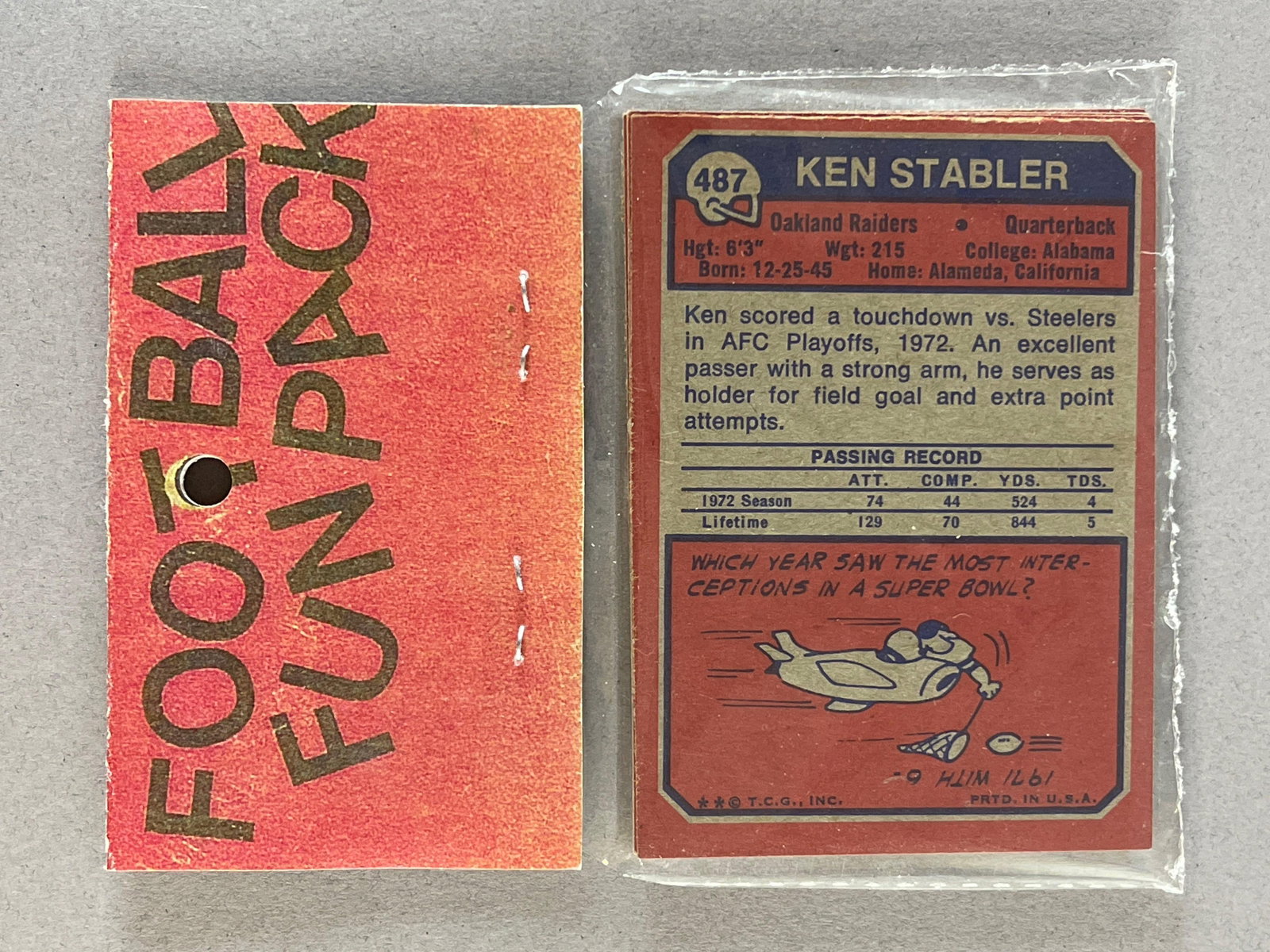 1973 Topps Football West Corps Cello Fun Pack with Ken Stabler Rookie on Back: 10 - Cards per pack, West Corps was a repacking company in the 1970s