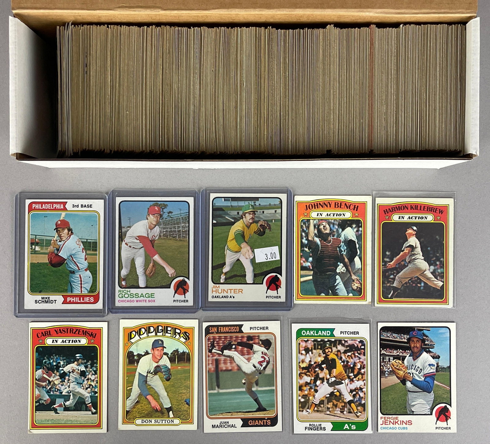475+ 1972 - 74 Topps Baseball Cards with HOFs, High Numbers, and Stars: Conditions vary, VG - NM with a few less, 1974 Mike Schmidt EX, 1973 Rich Gossage Rookie EX, Yastrzemski, Bench, and More