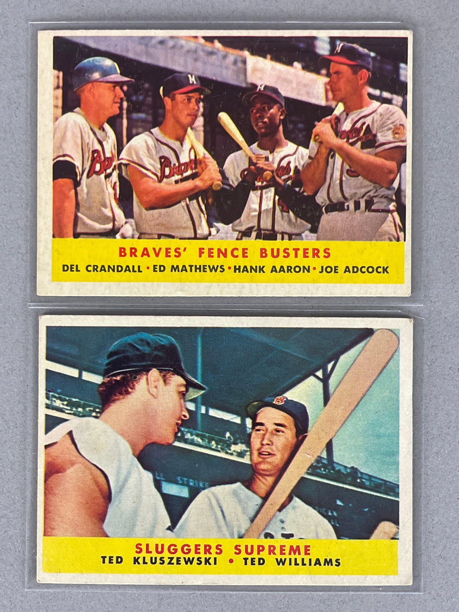 1958 Topps Braves Fence Busters #351 and Sluggers Supreme #321: Fence Buster #351, VGEX, Sluggers Supreme #321, G, paper loss on back