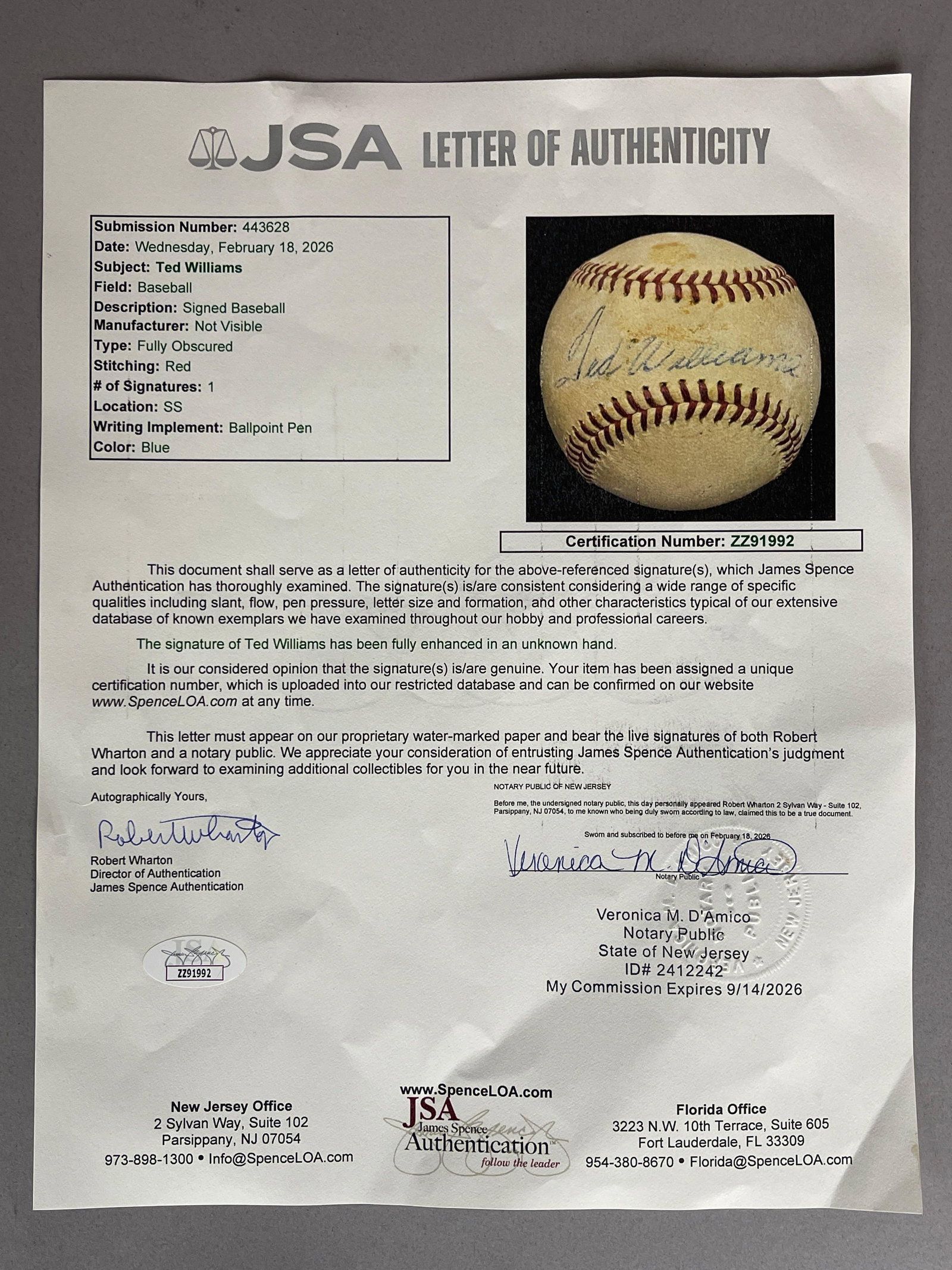 Ted Williams Signed Baseball with JSA COA - 3