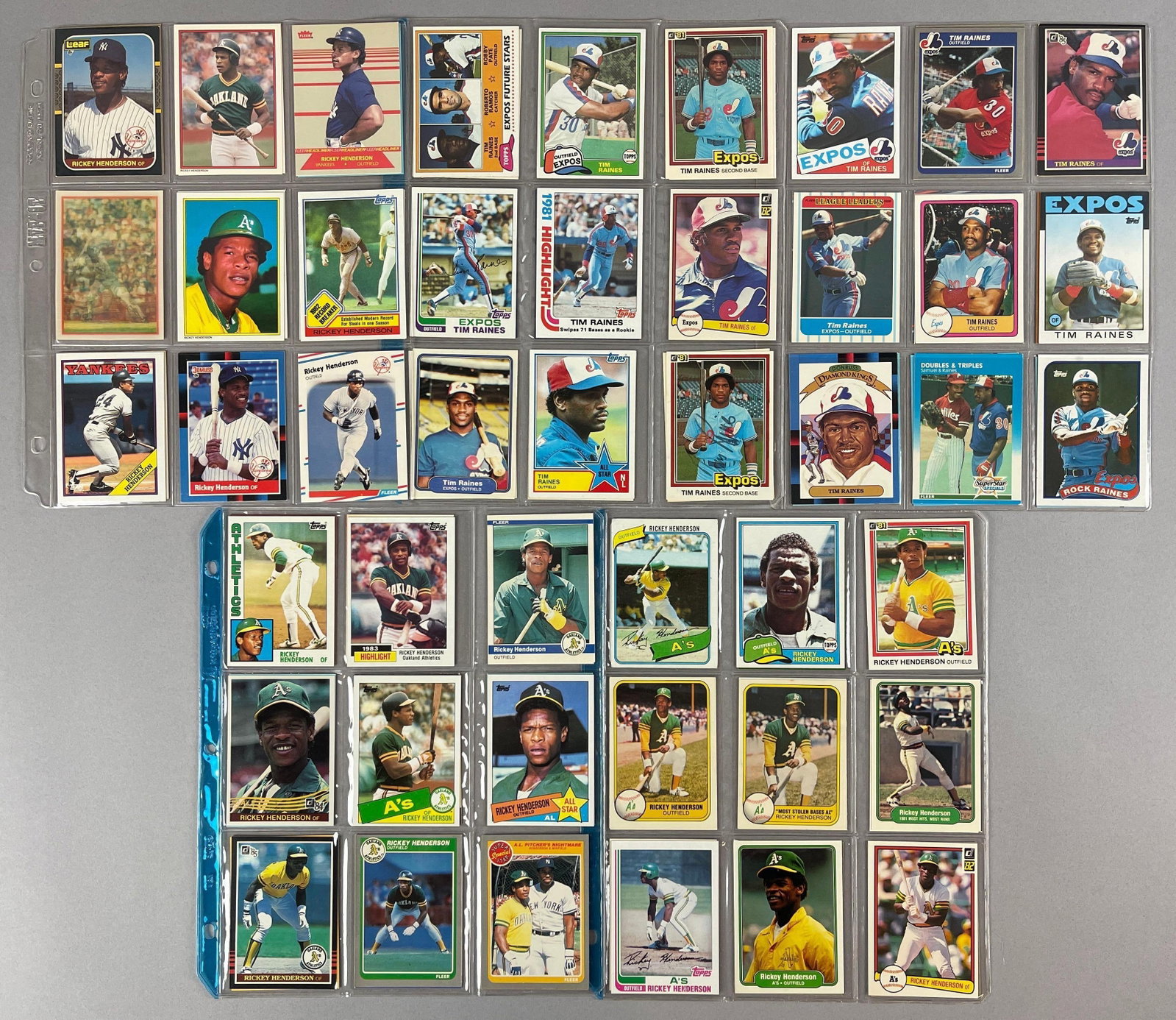 80+ 1980s Rickey Henderson and Tim Raines Cards with Rookies: Conditions vary, VG - Mint, No Duplicates, 1980 Topps Henderson Rookie VG, 1981 Donruss Tim Raines Auto Rookie, 1981 Topp and Traded Tim Raines, and More