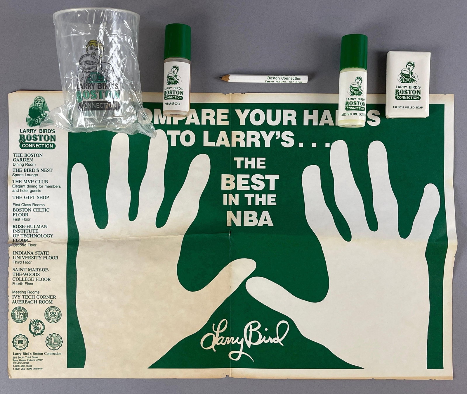 6 - 1980s Larry Bird Boston Connection Hotel and Restaurant Items: Include Placemat, Soap, Shampoo, Hand lotion, pencil, and cup - NOS Terre Haute, Indiana