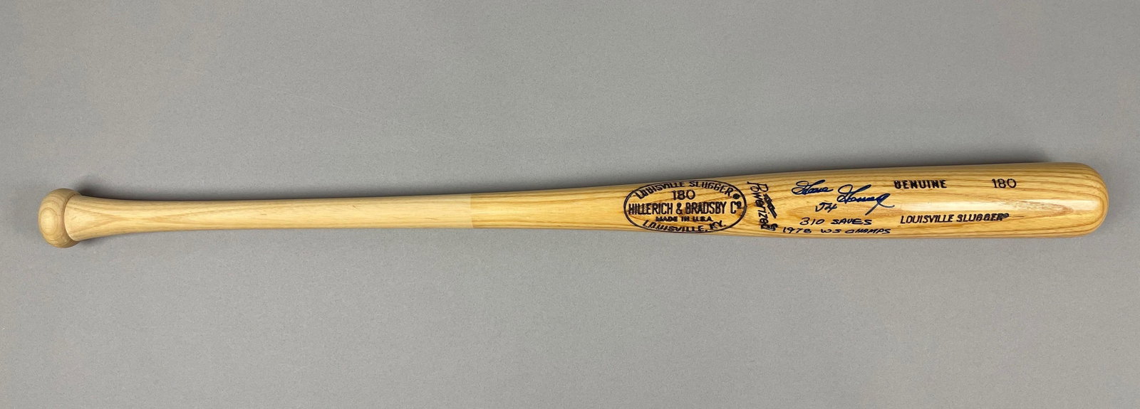 Goose Gossage Signed Louisville Slugger 180 with Inscription and JSA COA: Autographed Goose Gossage #54 310 saves 1978 WS Champs, with JSA COA, Measures 34 Inches, 28 oz.