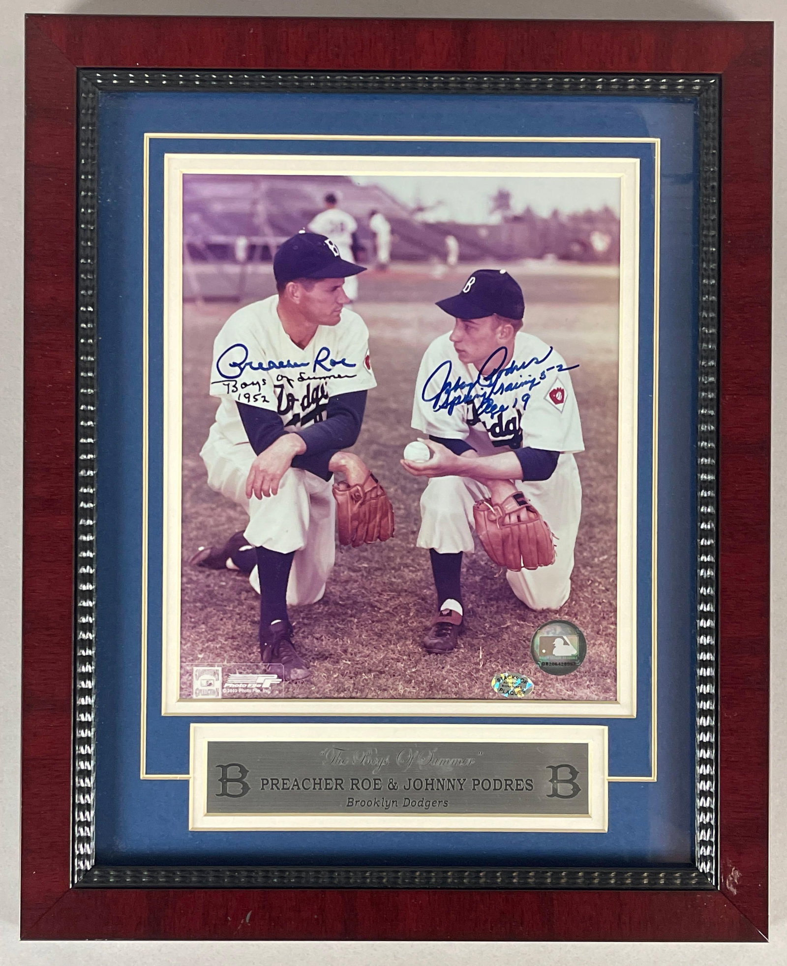 Preacher Roe and Johnny Podres Dual Signed The Boys of Summer Photo with COA: Autographed Preacher Roe Boys of Summer 1952, Johnny Podres Spring Training 52 Age 19, with Stack of Plaques COA, Frame measures 13 x 16 Inches