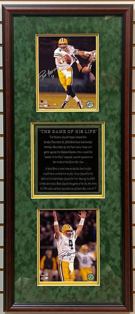 Framed Brett Favre Signed Dual Photos of The Game of His Life with COAs: Autographed Brett Favre #4, with COA, #59755/ 59643, Measures 17 x 41 Inches