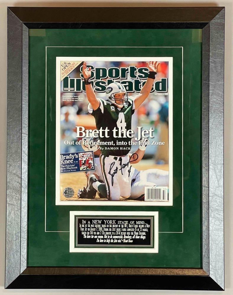 Framed Brett Favre Signed 8x10 Photo Sports Illustrated Brett The Jet with COA: Autographed Brett Favre #4, with COA, Measures 15 x 19 1/2 Inches