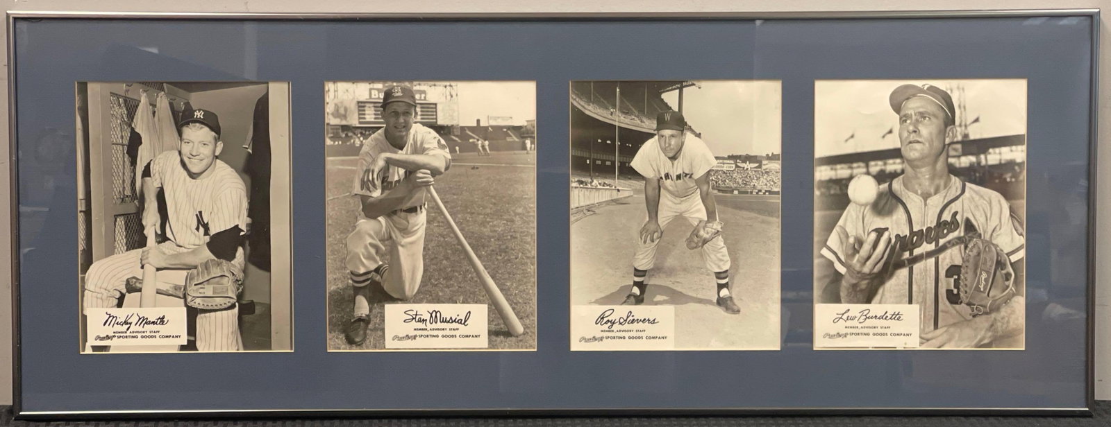 Framed and Matted 1950s Rawlings Advisory Staff Photo Mantle, Musial, Sievers, and Burdette: Very nice looking piece with Mickey Mantle, Stan Musial, Roy Sievers, and Lou Burdette Rawlings Promo Photos, Frame Measures 37 1/2 x 14 1/4 Inches
