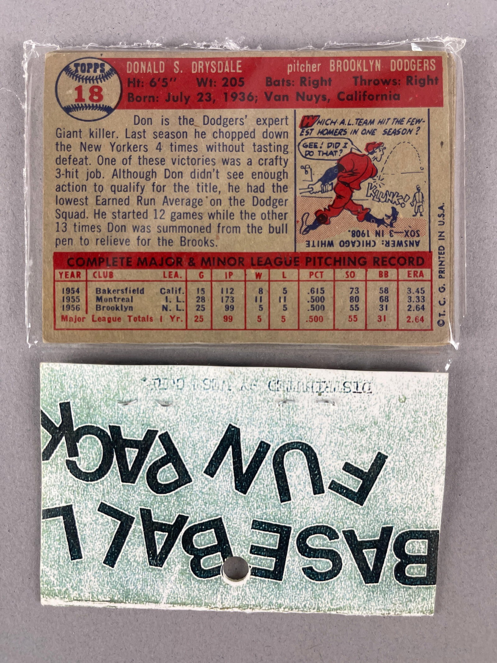 1957 Topps Baseball West Corps Cello Fun Pack with Drysdale Rookie on Back: 10 - Cards per pack, West Corps was a repacking company in the 1970s