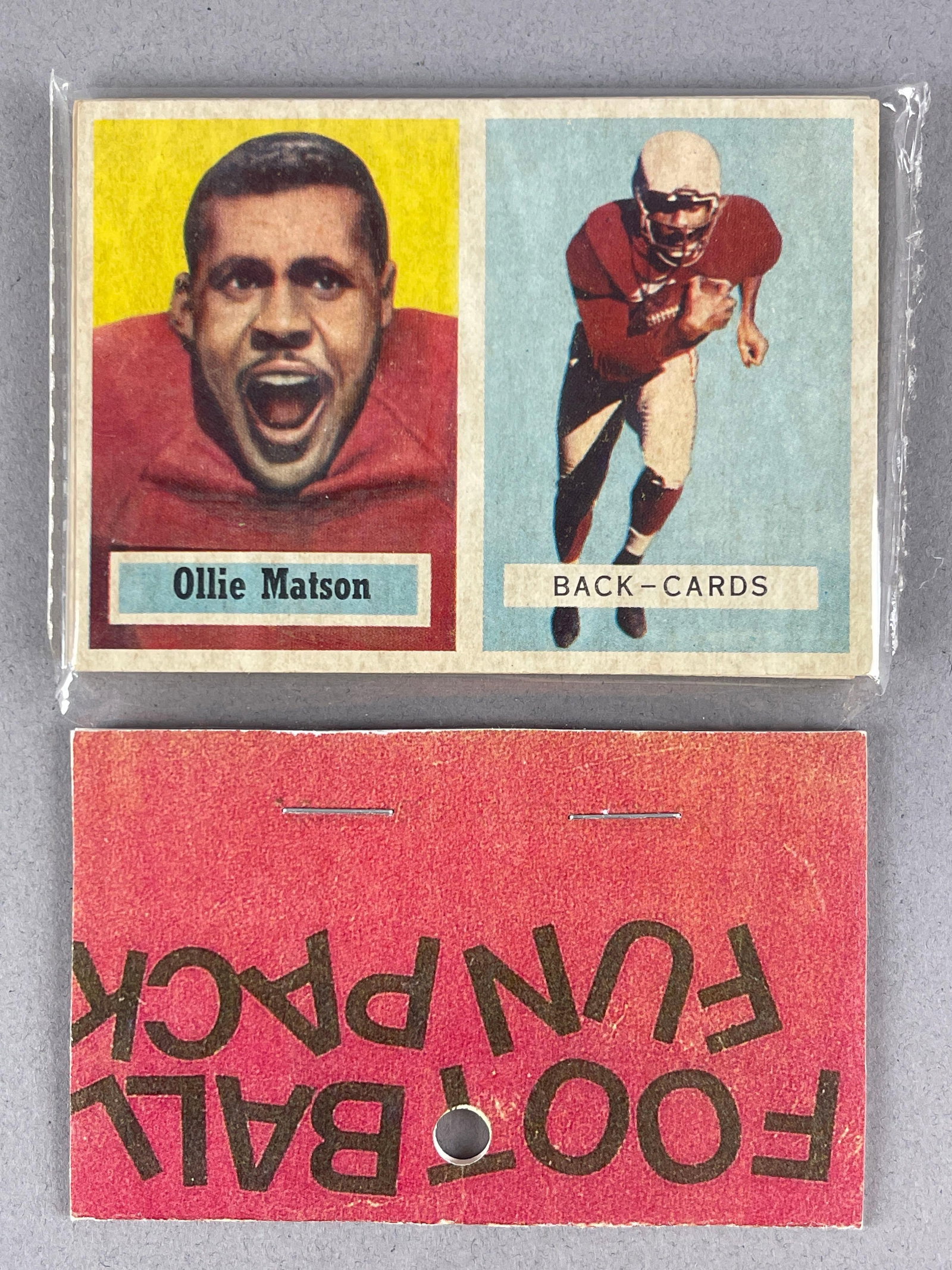 1957 Topps Football West Corps Cello Fun Pack with Matson on Top and Van Brocklin on Back: 10 - Cards per pack, West Corps was a repacking company in the 1970s