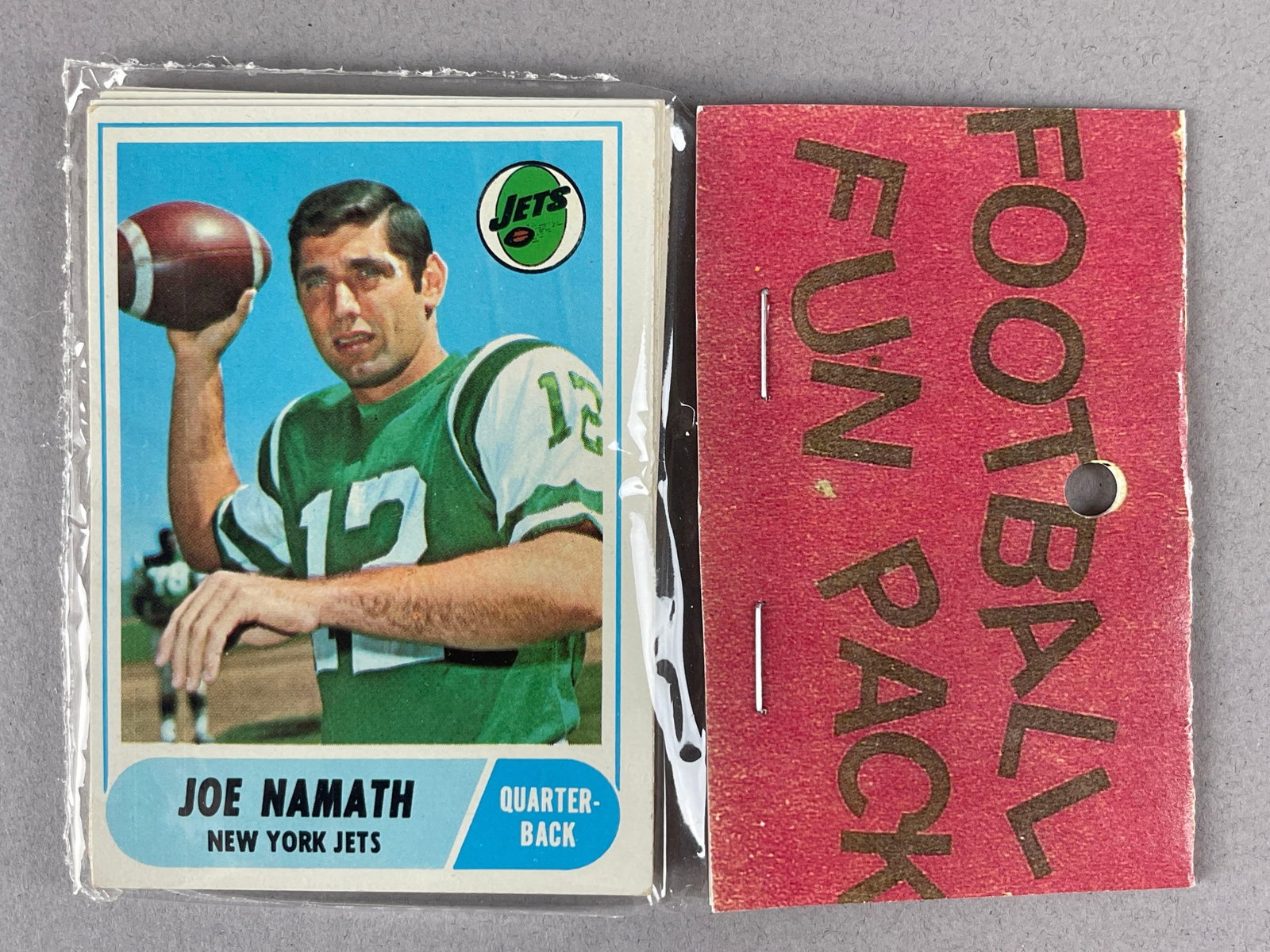 1968 Topps Football West Corps Cello Fun Pack with Namath on Top: 10 - Cards per pack, West Corps was a repacking company in the 1970s
