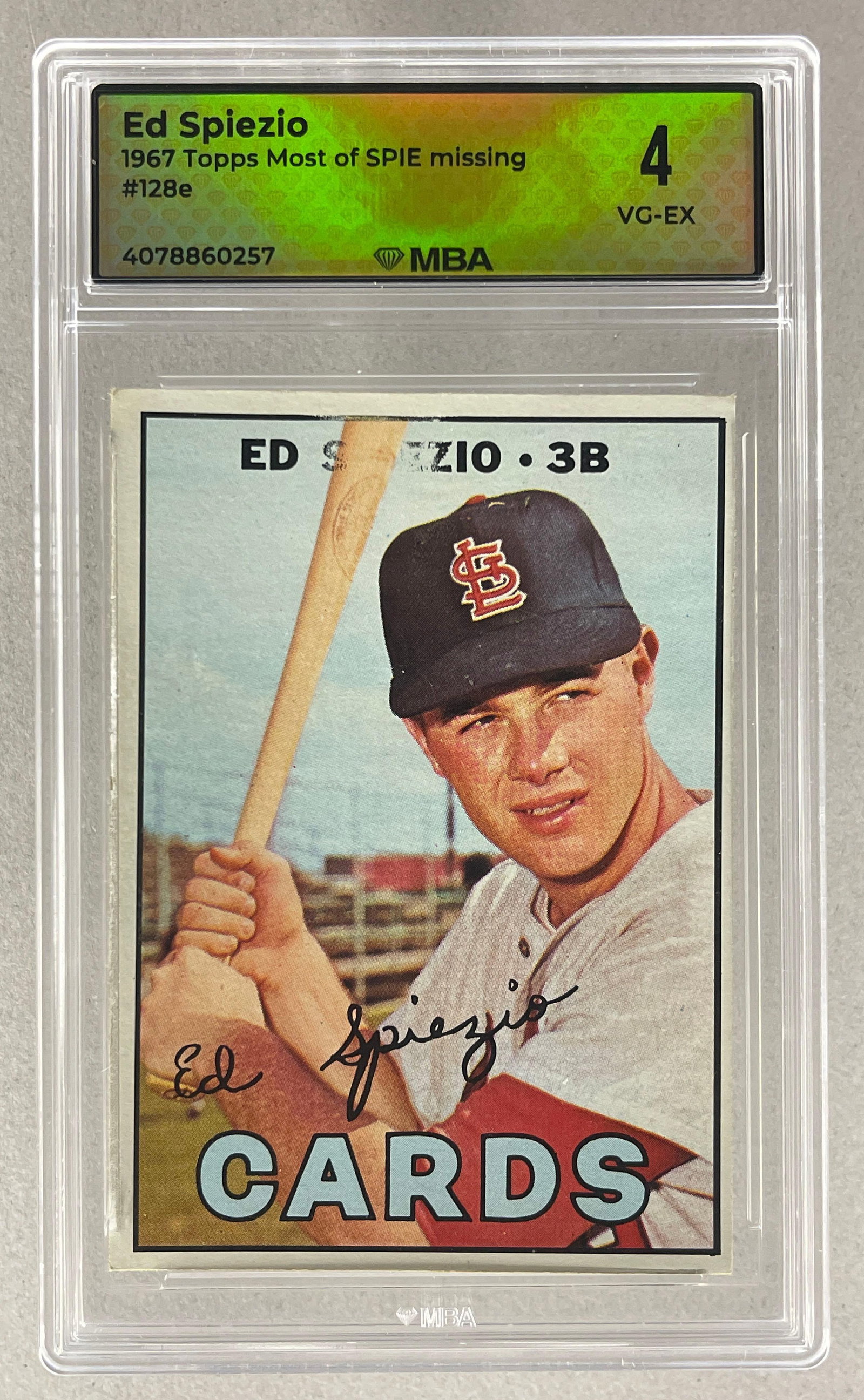 1967 Topps Ed Spiezio #128 Error MBA 4: 1967 Topps Ed Spiezio #128 Error MBA 4, Missing letters SPIE