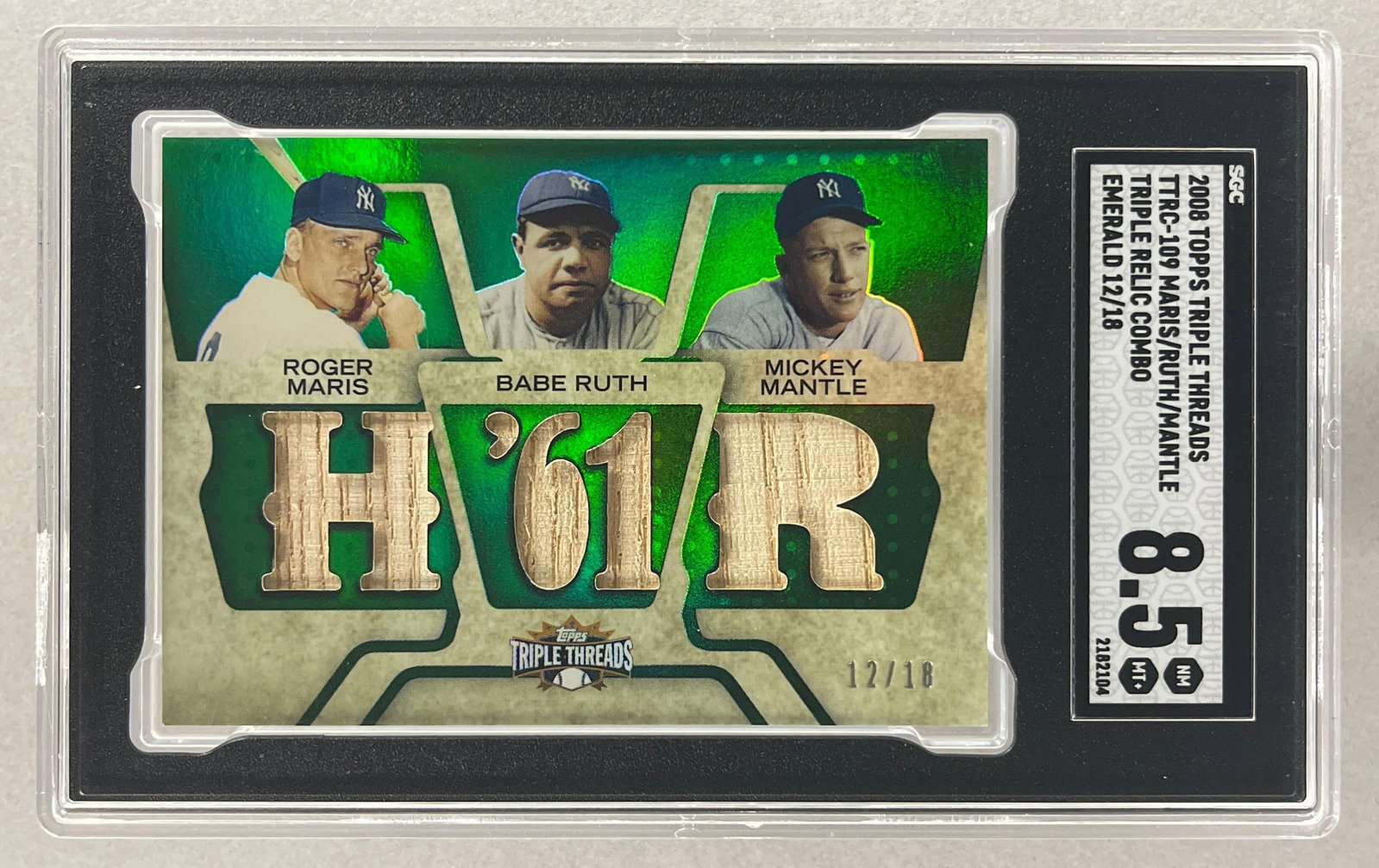 2008 Topps Triple Threads Maris, Ruth, Mantle Emerald Triple Relic Combo 12/18 SGC 8.5 (1 of 2)
