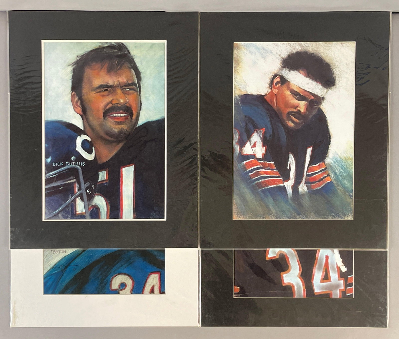 4 - Matted Chicago Bears HOFs Pastel Lithograph Art: 3 - Walter Payton and 1 - Dick Butkus, Measures 20 x 16 Inches