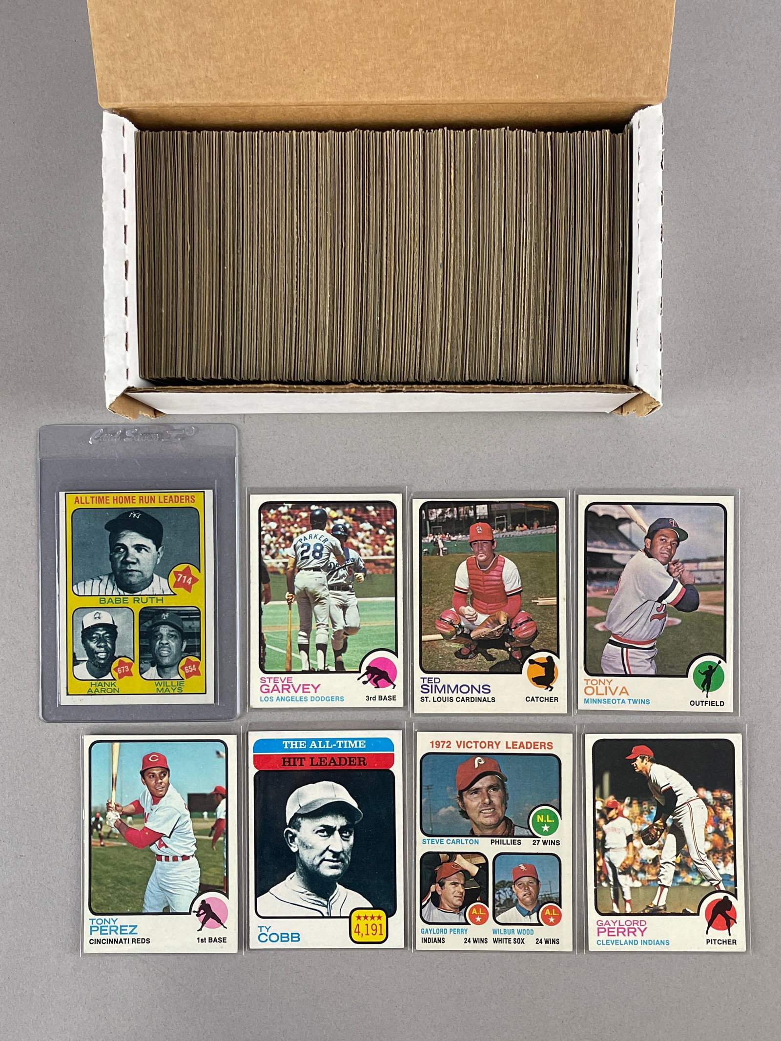 350+ 1973 Topps Baseball Cards with HOFs, Stars, and Rookies: Conditions vary, EXMT - NM with some less, HR Leaders #1 NM o/c, Oliva NM, Cobb NM, and Much More