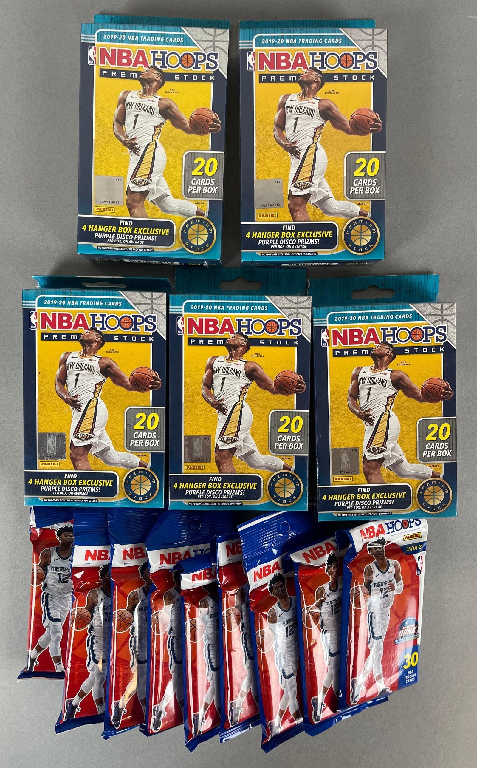 5 - 2019 - 20 NBA Hoops Premium Stock Hanger Boxes + 9 - 2020 - 21 Hoops Value Packs (1 of 3)