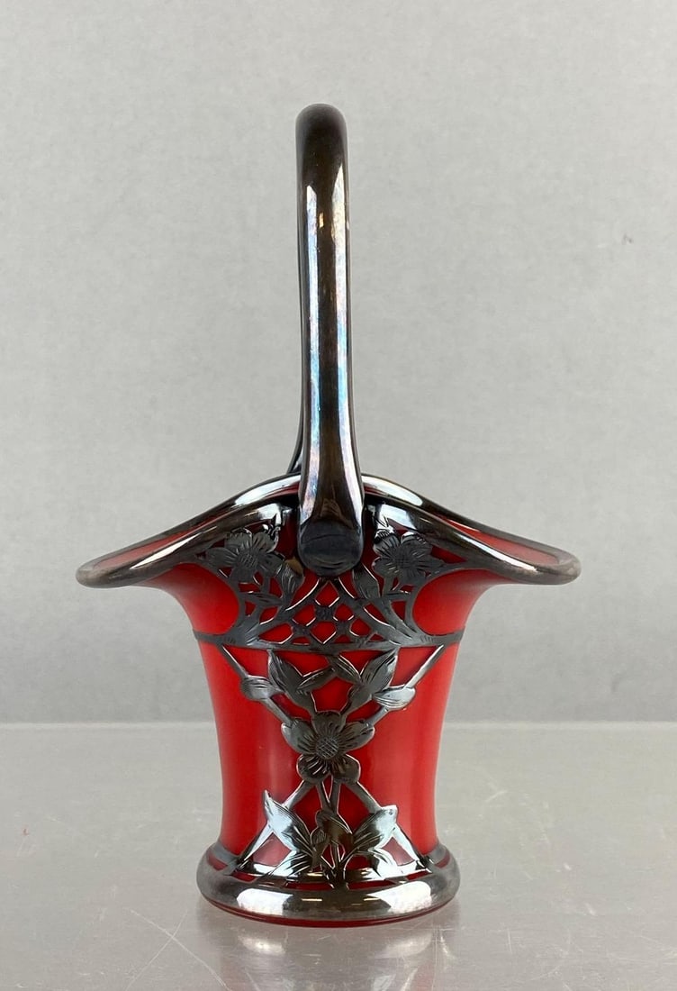 Vintage Art Nouveau Cranberry Red Silver Overlay Glass Basket (1 of 3)