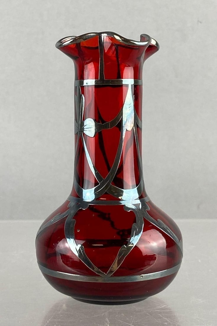 Vintage Art Nouveau Cranberry Red Silver Overlay Glass Vase: Measure 4 inches tall.