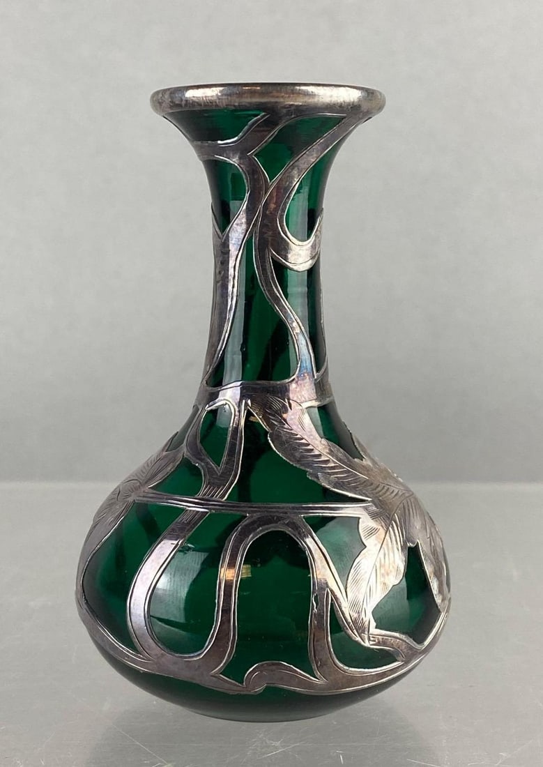 Vintage Art Nouveau Emerald Green Sterling Silver Overlay Glass Vase: Measure 3 1/2 inches tall. Circa 1900s. Mfg. Alvin Manufacturing Co.