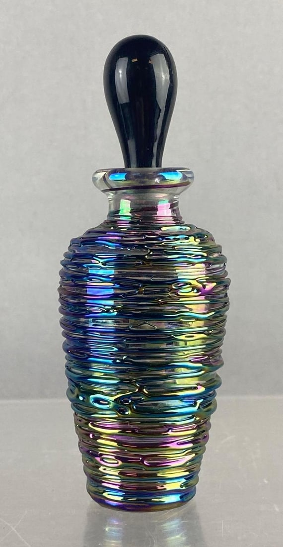 WMF German Applied Iridescent Webbing Perfume Bottle: Measure 6 inches tall. Circa 1980s.