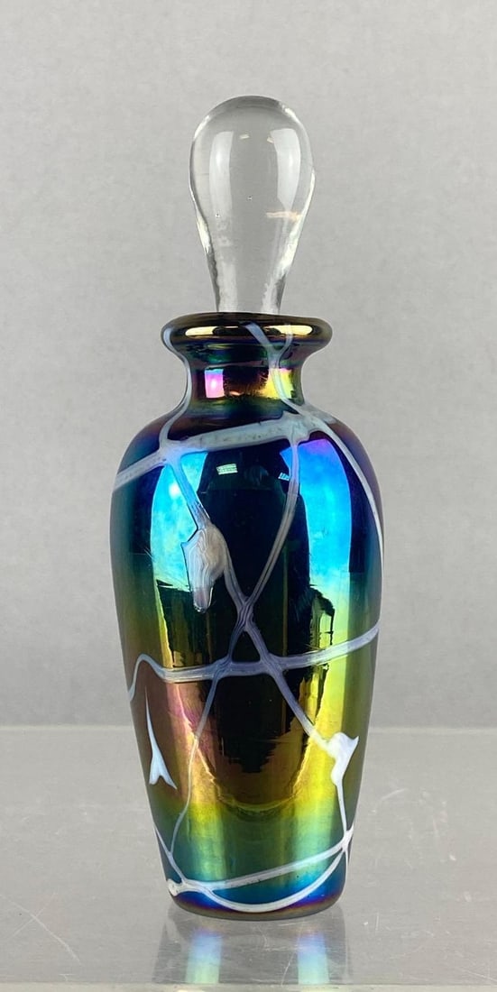 Iridescent Hanging Hearts Art Glass Perfume Bottle: Made in Taiwan . Measures 6 inches tall.